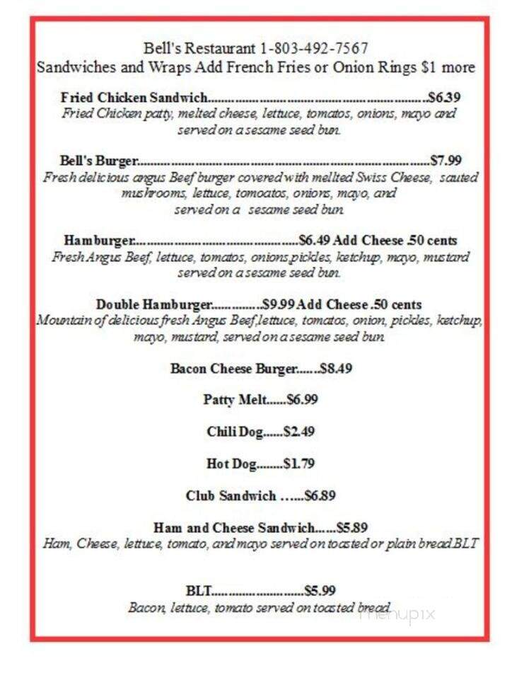 Bells Marina Restaurant - Eutawville, SC menu_pic