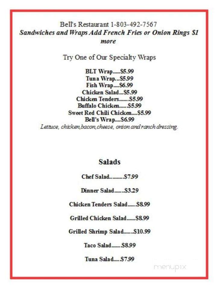 Bells Marina Restaurant - Eutawville, SC menu_pic
