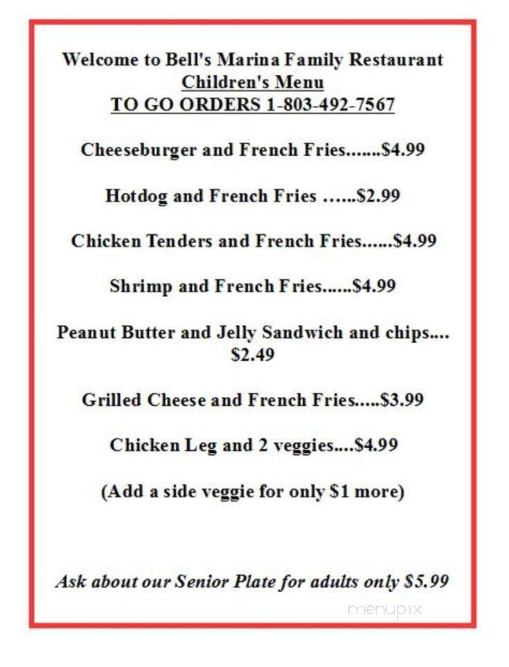 Bells Marina Restaurant - Eutawville, SC menu_pic