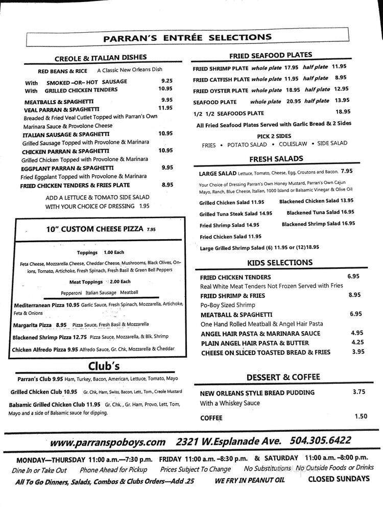 Parran's Poboy - Kenner, LA menu_pic