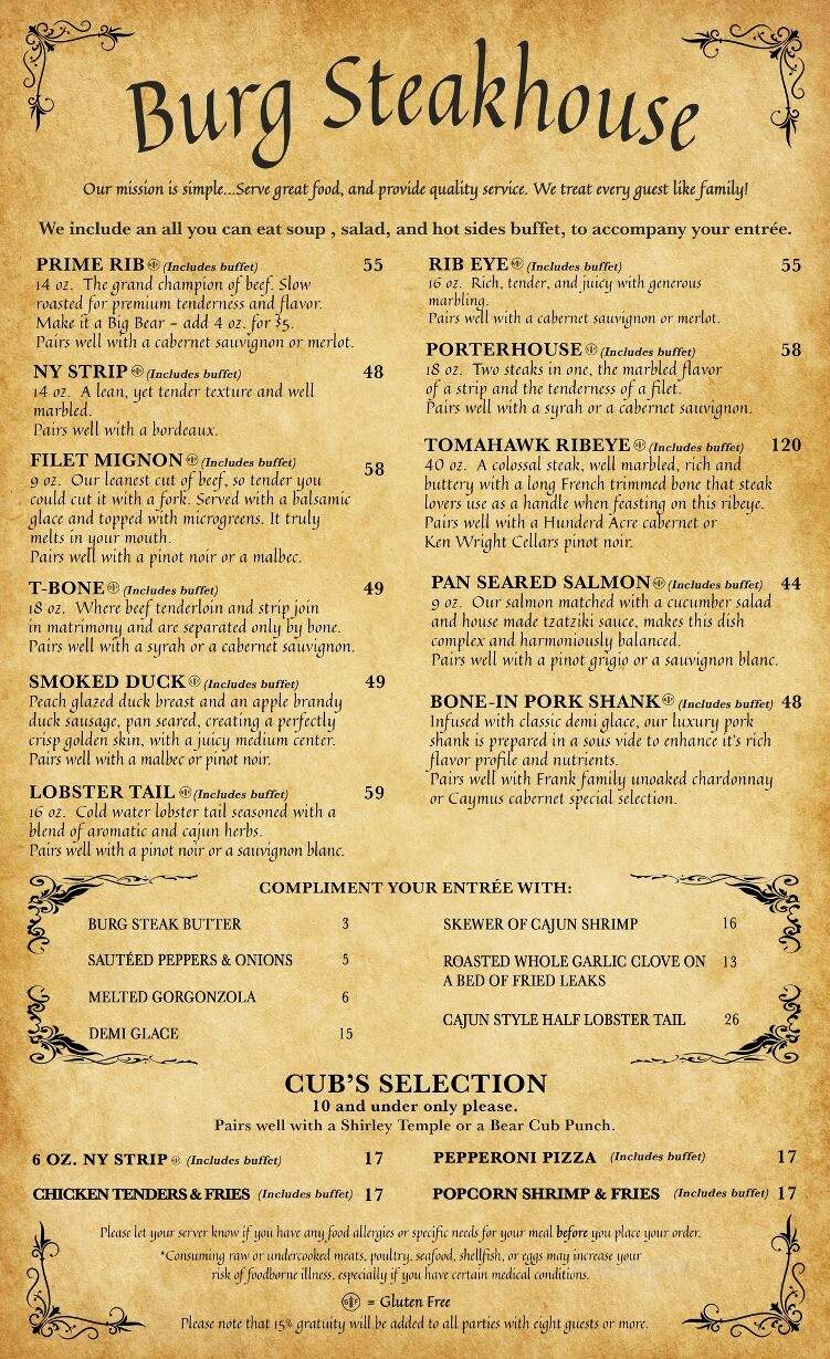 Burg Steakhouse - Gatlinburg, TN menu_pic