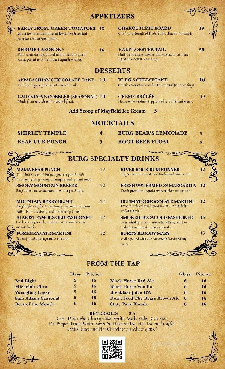Burg Steakhouse - Gatlinburg, TN menu_pic