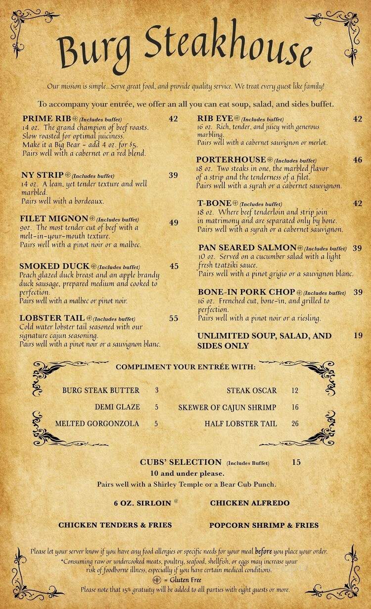 Burg Steakhouse - Gatlinburg, TN menu_pic