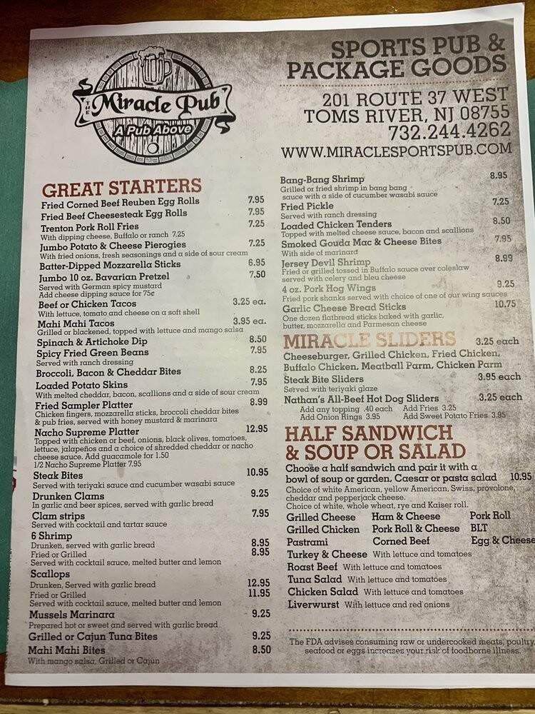 The Miracle Pub - Toms River, NJ menu_pic