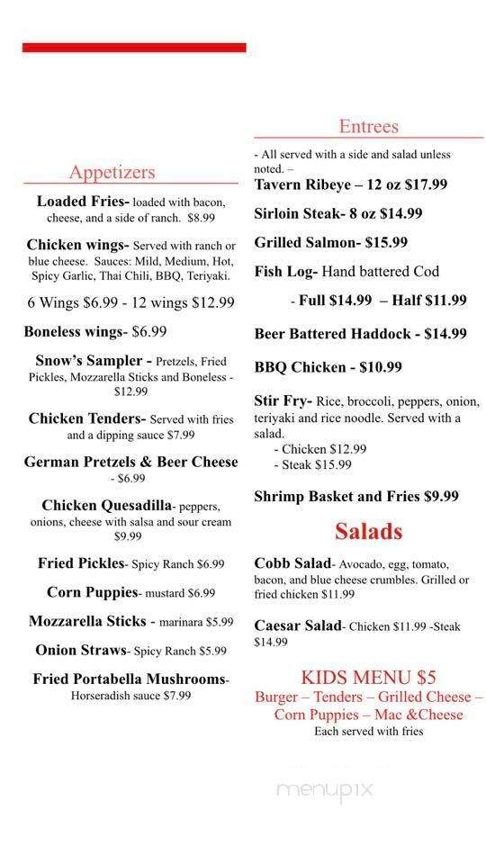 Snow's Lakeside Tavern - Cincinnati, OH menu_pic