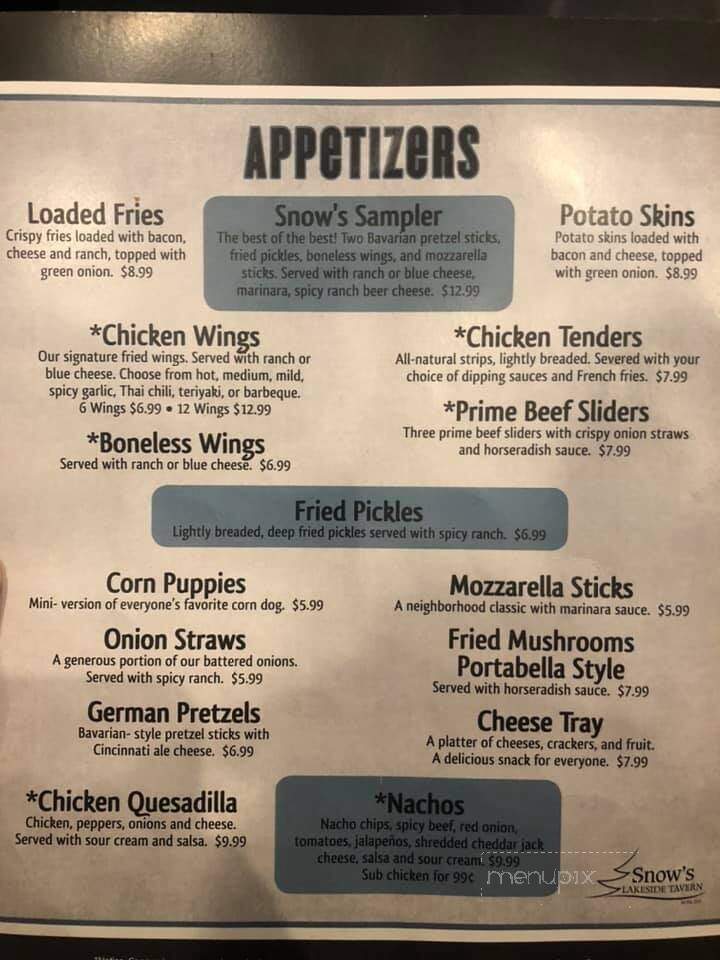 Snow's Lakeside Tavern - Cincinnati, OH menu_pic