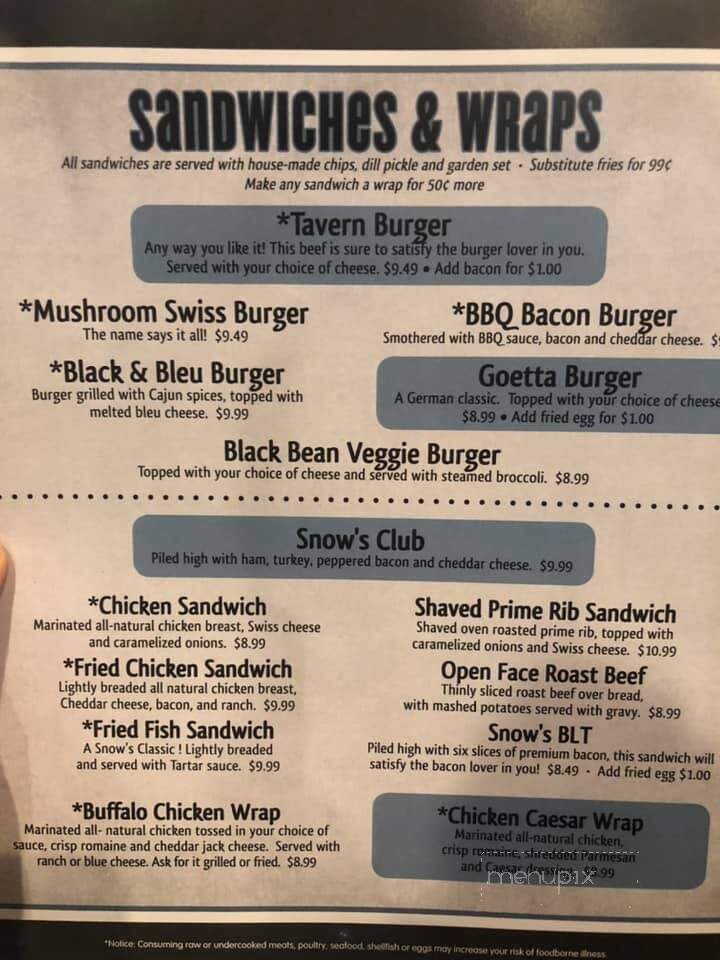 Snow's Lakeside Tavern - Cincinnati, OH menu_pic