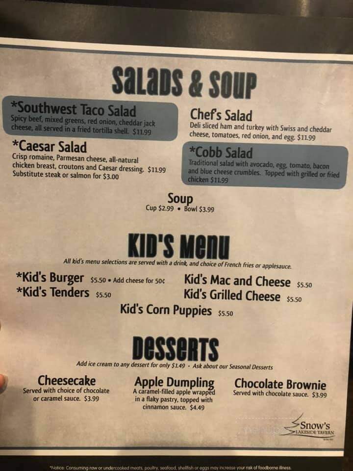 Snow's Lakeside Tavern - Cincinnati, OH menu_pic