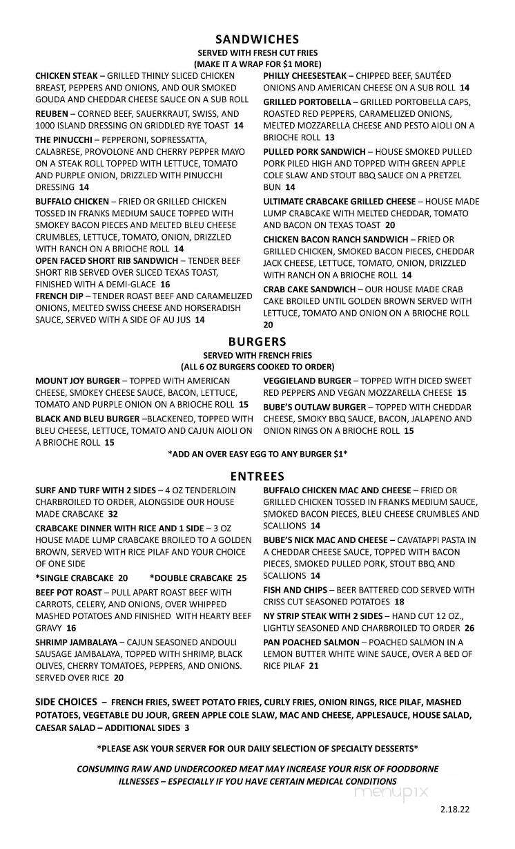Bubes Brewery - Mount Joy, PA menu_pic