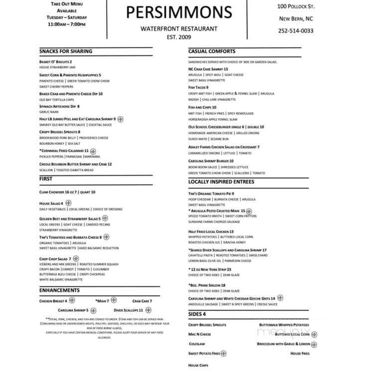 Persimmons Waterfront Restaurant - New Bern, NC menu_pic