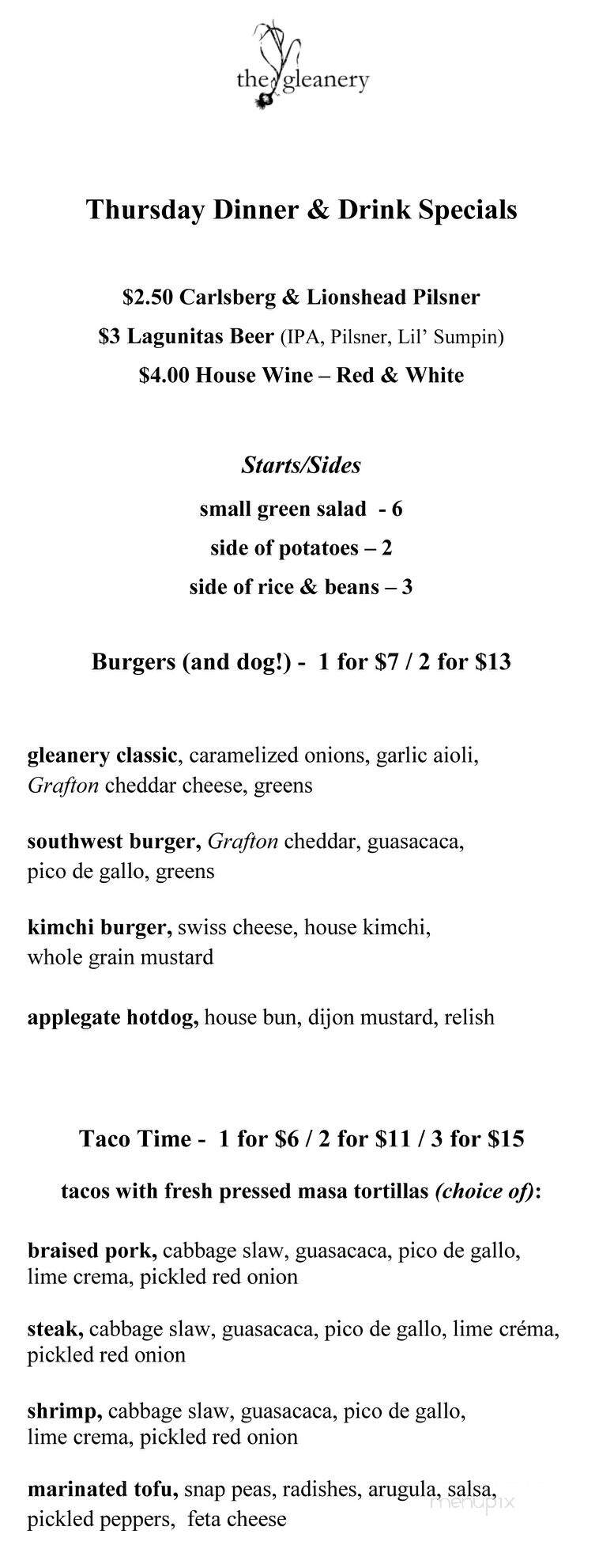 The Gleanery - Putney, VT menu_pic