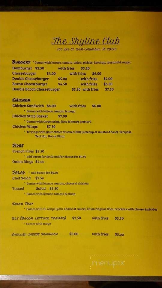 Skyline Club - West Columbia, SC menu_pic