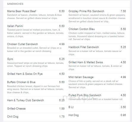 Crippled Bear Inn - Williamsport, PA menu_pic