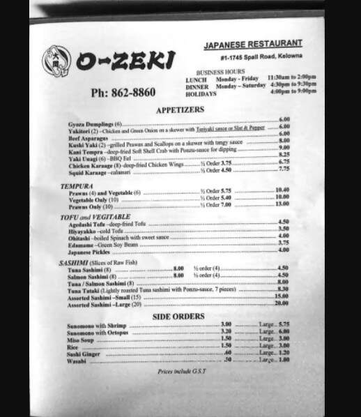 Ozeki Japanese Restaurant - Kelowna, BC menu_pic