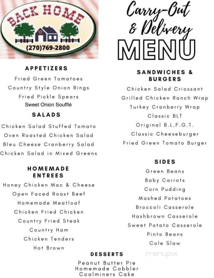 Back Home Restaurant - Elizabethtown, KY menu_pic