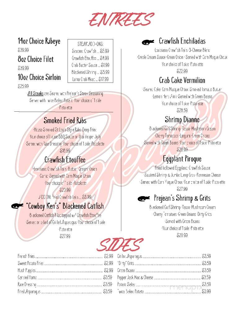 Prejean's Restaurant - Lafayette, LA menu_pic