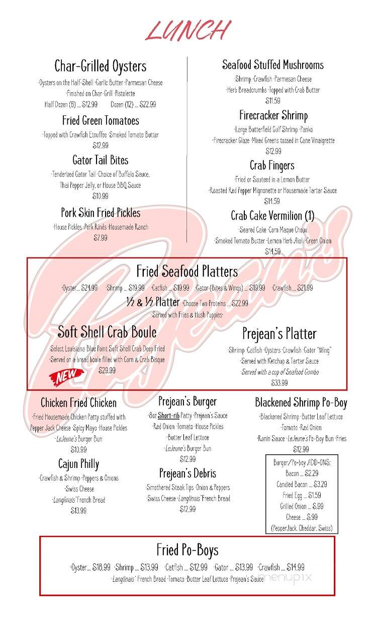 Prejean's Restaurant - Lafayette, LA menu_pic