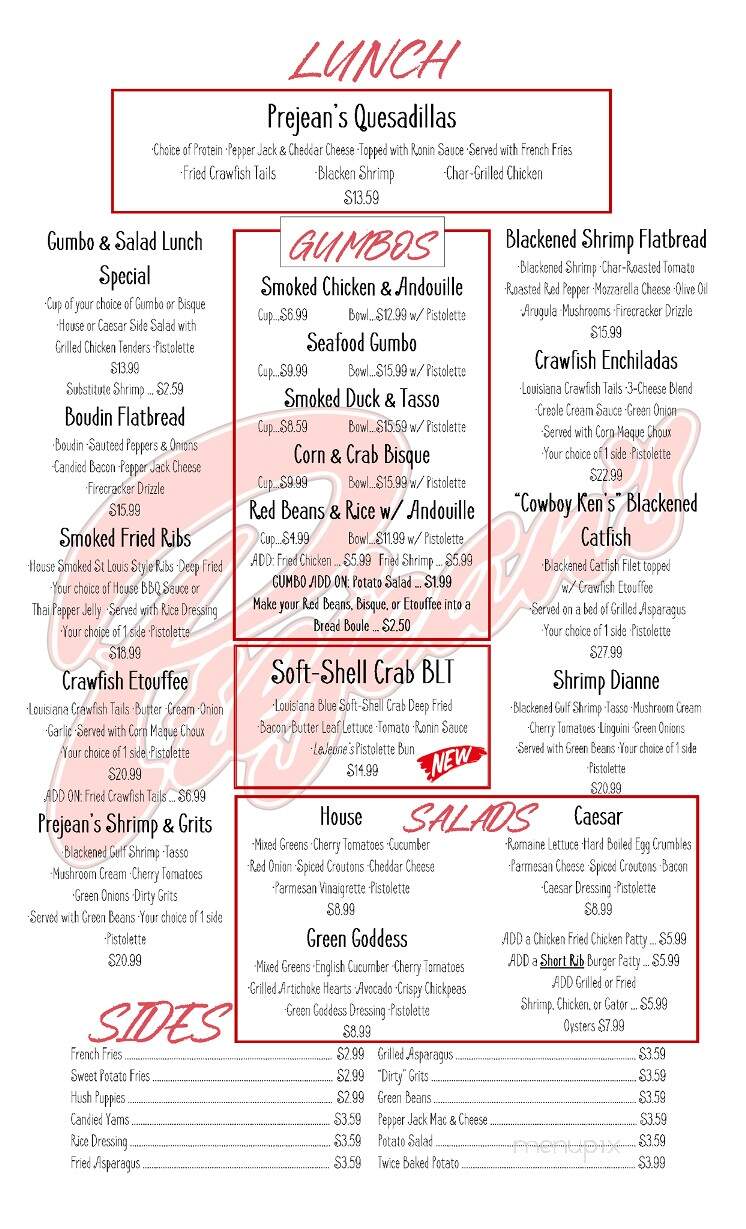 Prejean's Restaurant - Lafayette, LA menu_pic
