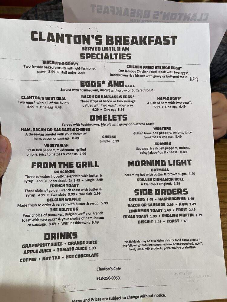 Clanton's Cafe - Vinita, OK menu_pic
