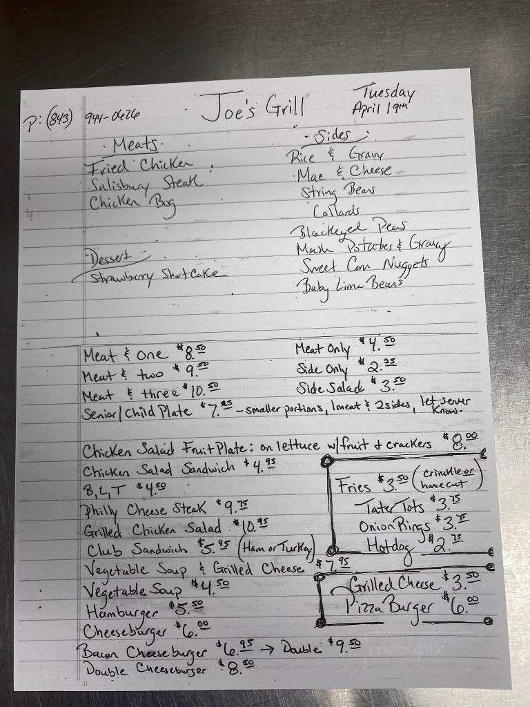Joe's Grill - Darlington, SC menu_pic