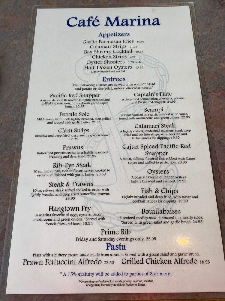 Cafe Marina & Woodley's Bar - Eureka, CA menu_pic