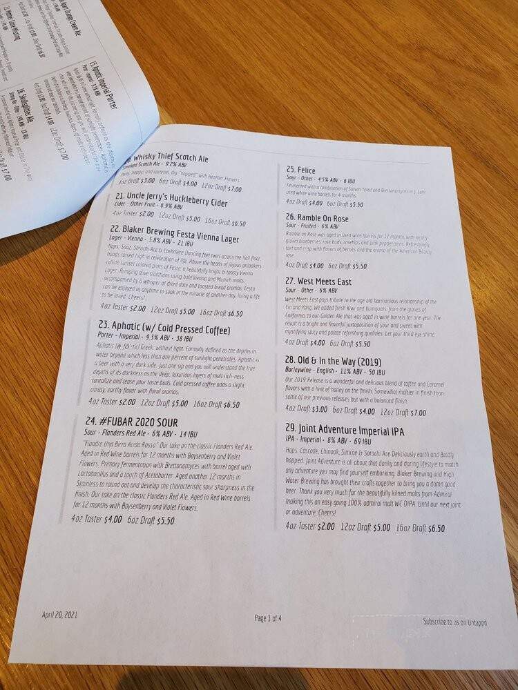 High Water Brewing Taproom and Brewery - Lodi, CA menu_pic