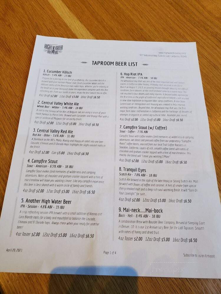 High Water Brewing Taproom and Brewery - Lodi, CA menu_pic