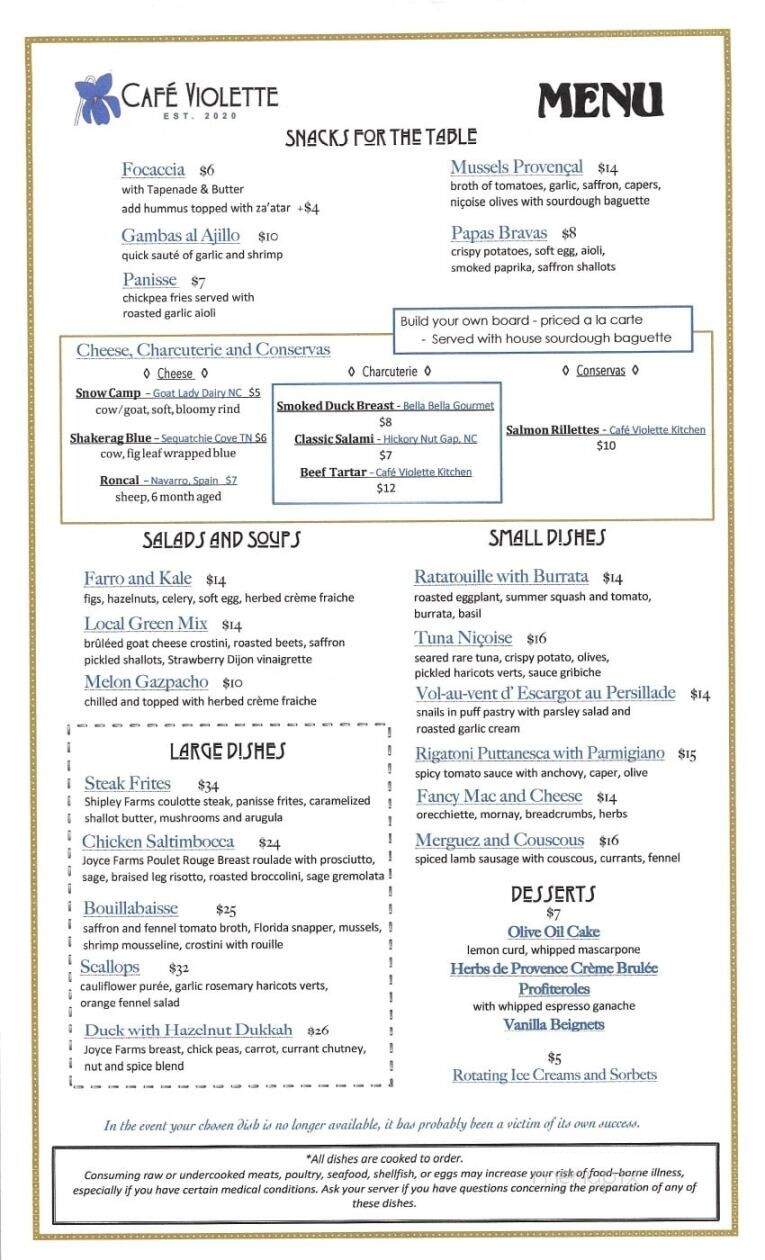 Cafe Violette - Blowing Rock, NC menu_pic