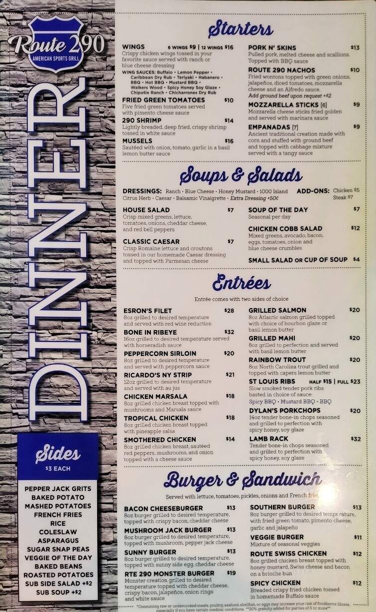 Route 290 American Sports Grill - Duncan, SC menu_pic
