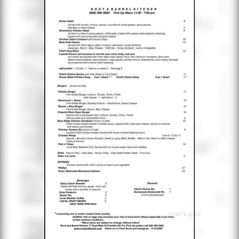Root and Barrel Kitchen - Franklin, NC menu_pic