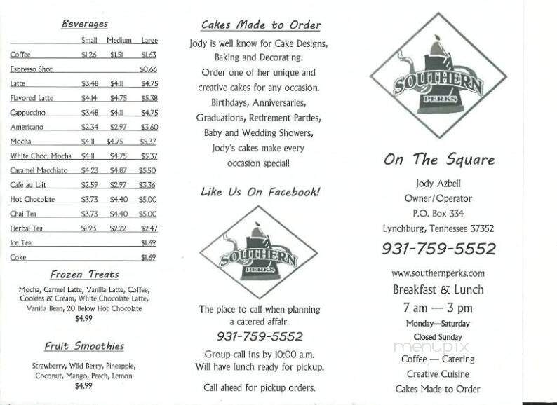 Southern Perks Bistro - Lynchburg, TN menu_pic