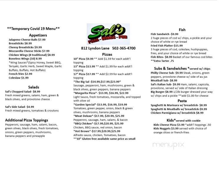 Sal's Pizza Pub - Louisville, KY menu_pic