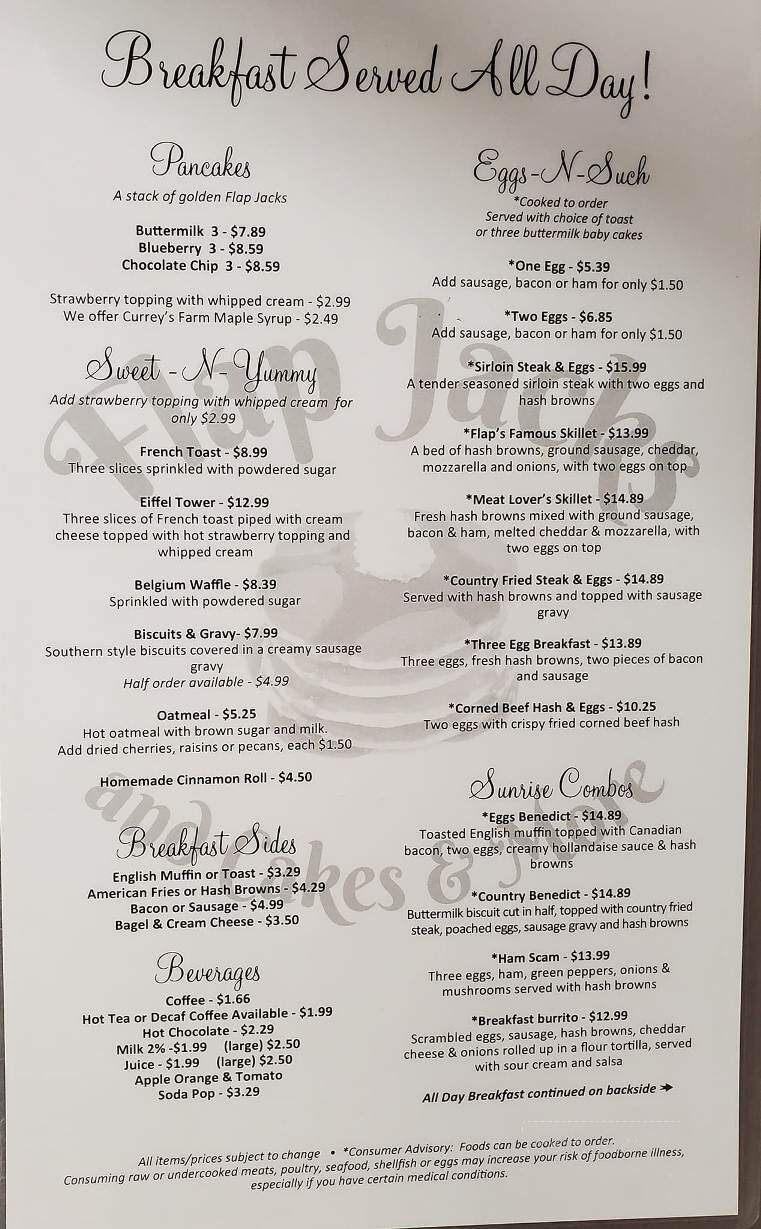 Flapjack Family Restaurant - Charlevoix, MI menu_pic