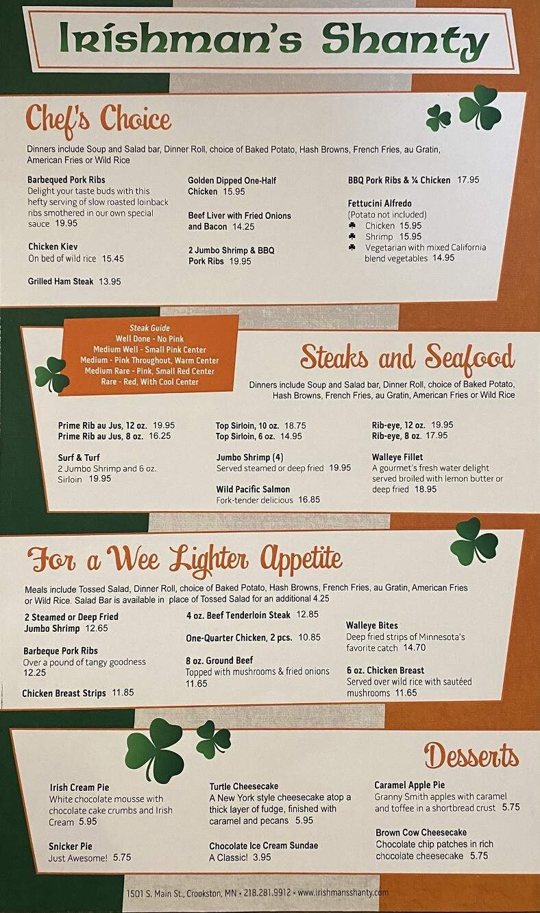 Irishman's Shanty - Crookston, MN menu_pic