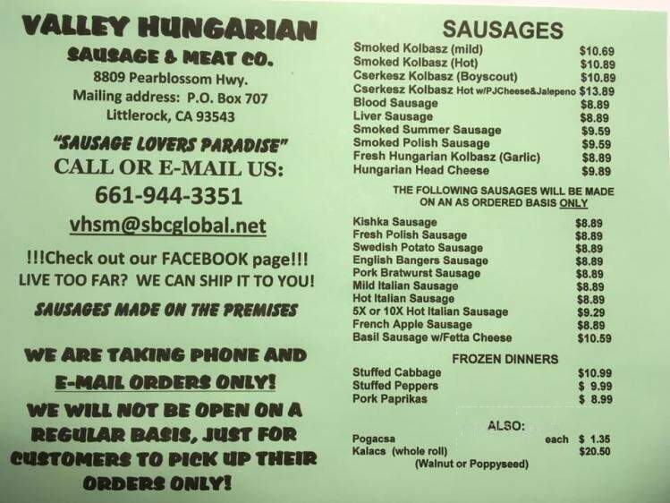 Valley Hungarian Sausage-Meat - Littlerock, CA