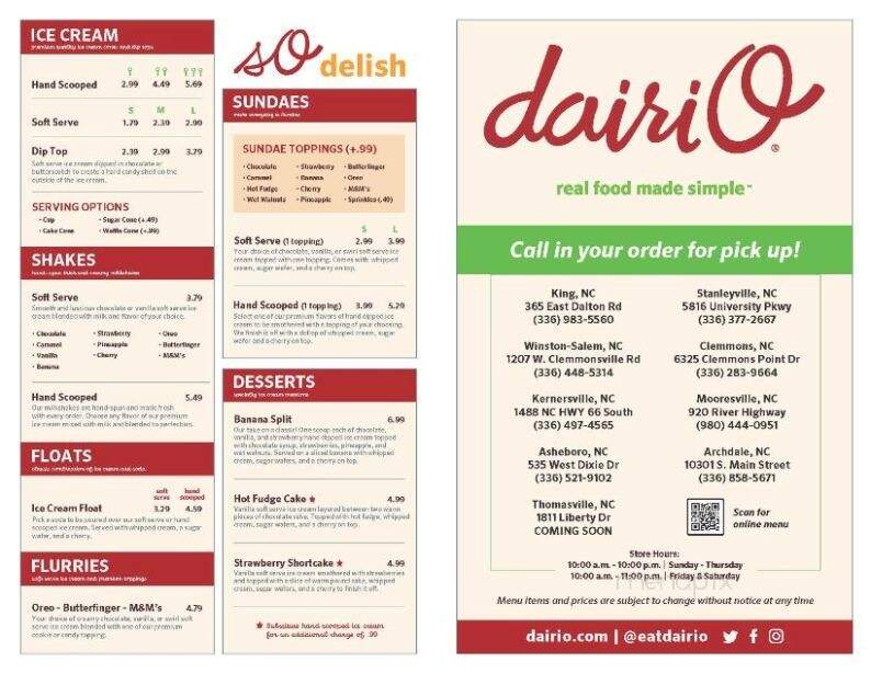 Dairi-O - Asheboro, NC menu_pic