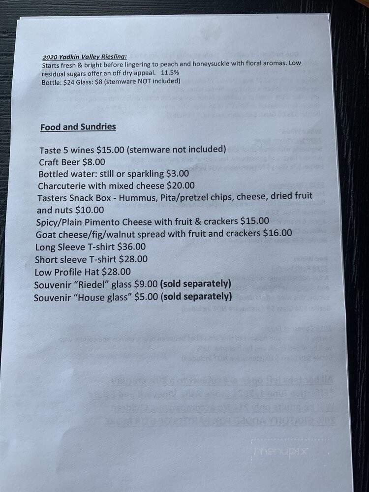 Stone Ashe Vineyard - Hendersonville, NC menu_pic