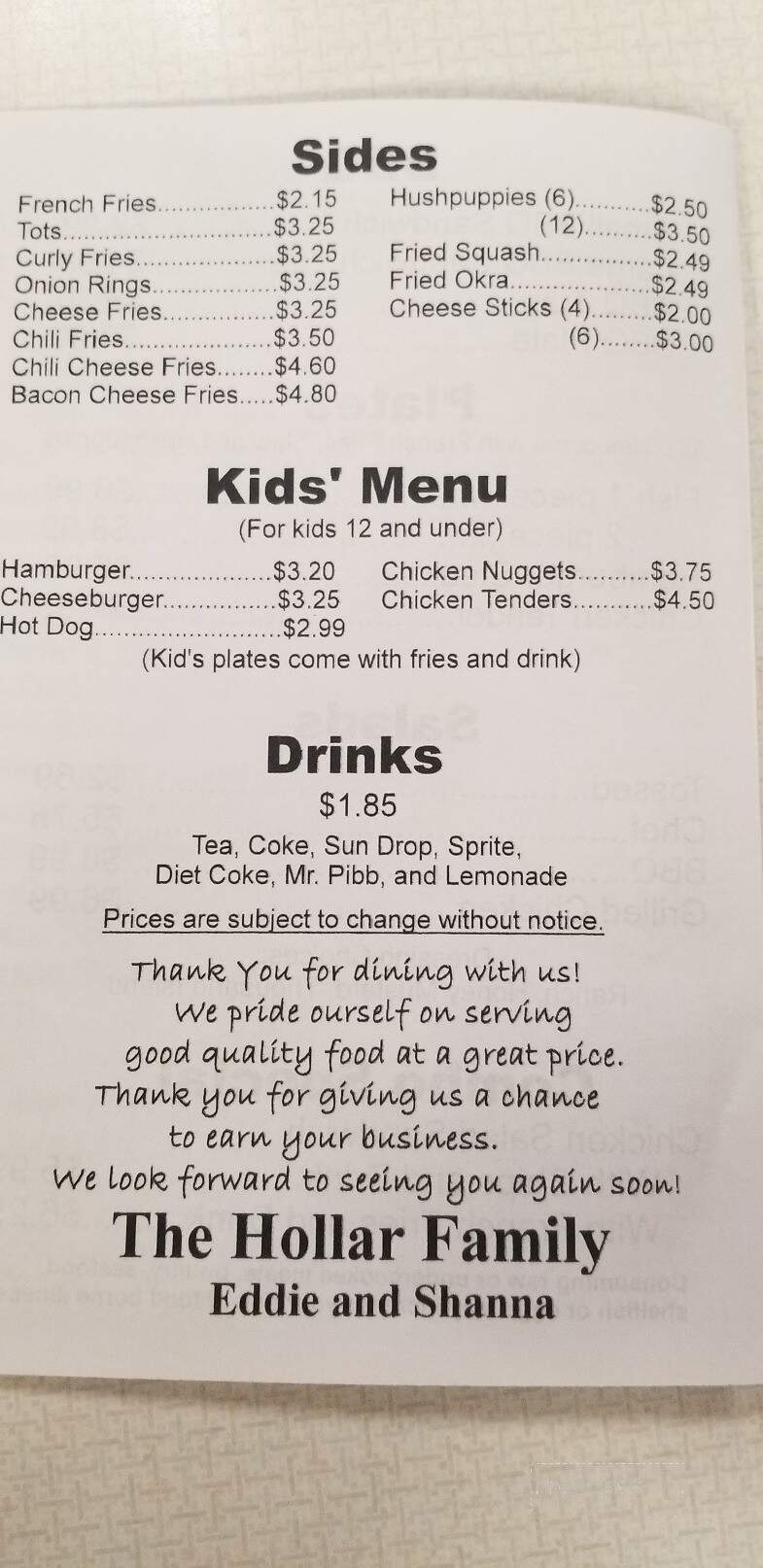 Hollar's Backstreet Grill - Taylorsville, NC menu_pic