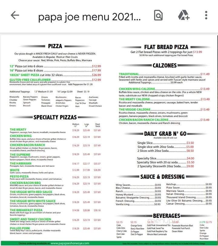 Papa Joes Pizzeria - Honeoye, NY