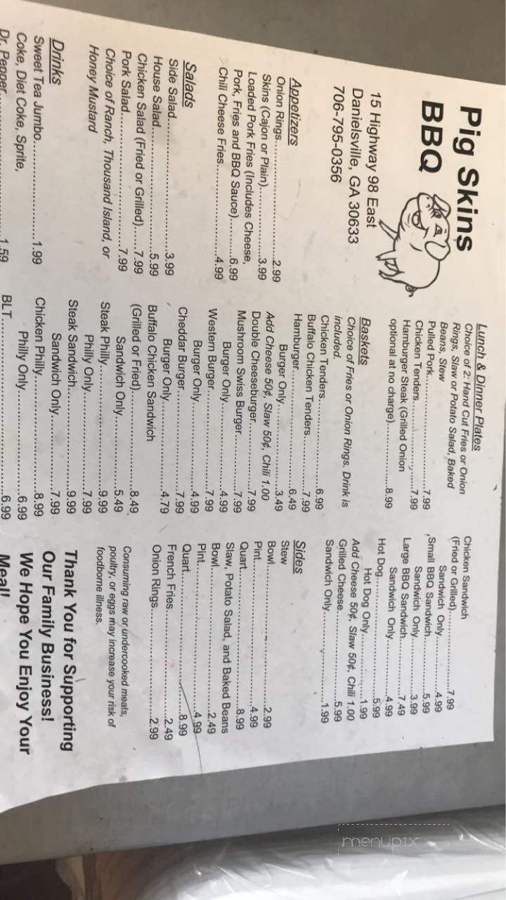 Pig Skins BBQ - Danielsville, GA menu_pic