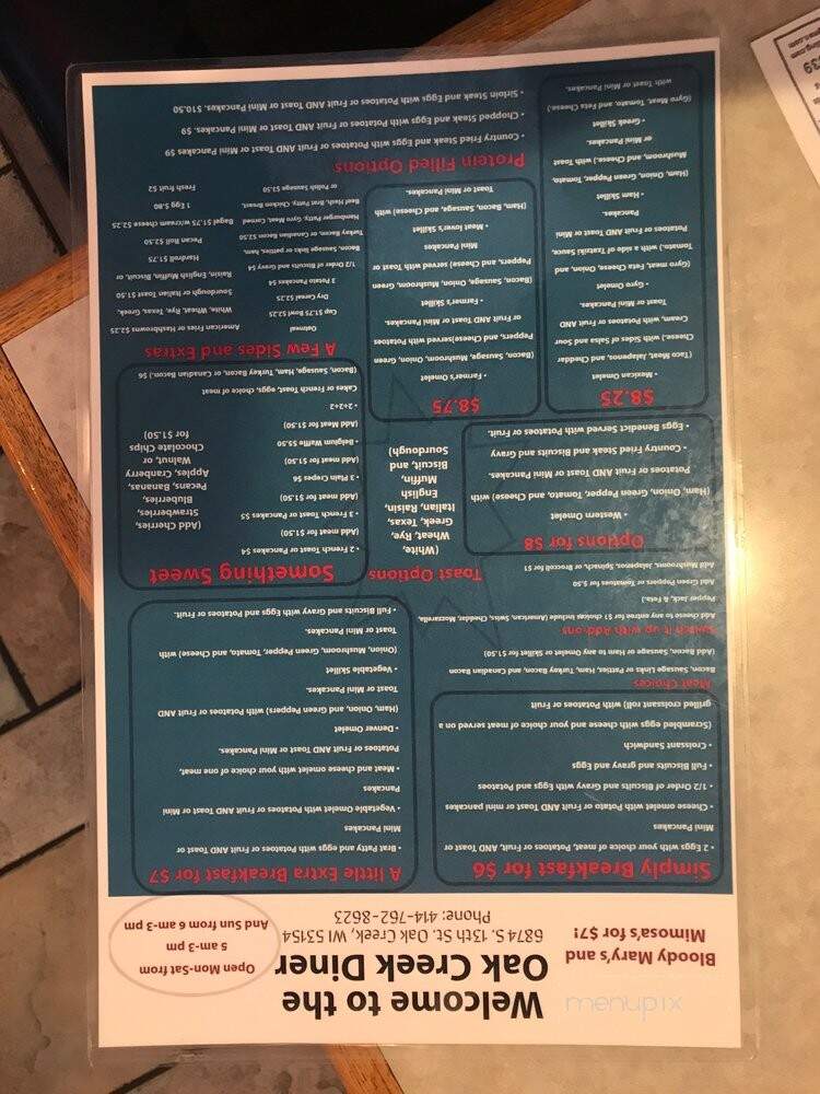Oak Creek Diner - Oak Creek, WI menu_pic