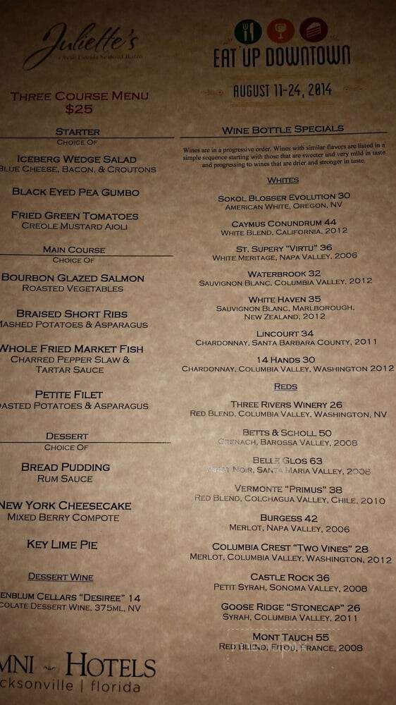 Juliette's Bistro at Omni Jacksonville Hotel - Jacksonville, FL menu_pic