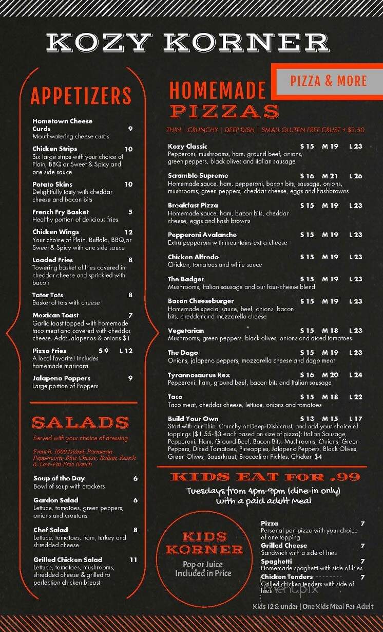 Kozy Korner - Hudson, WI menu_pic
