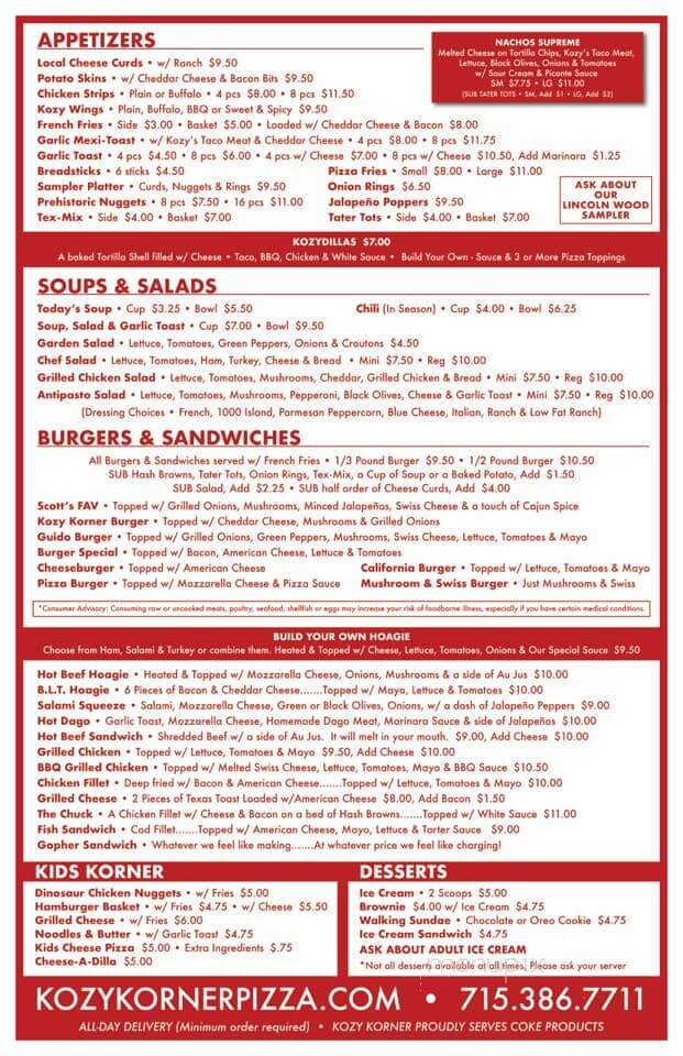 Kozy Korner - Hudson, WI menu_pic