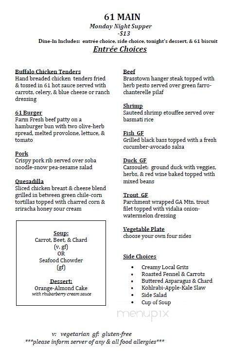 61 Main - Jasper, GA menu_pic