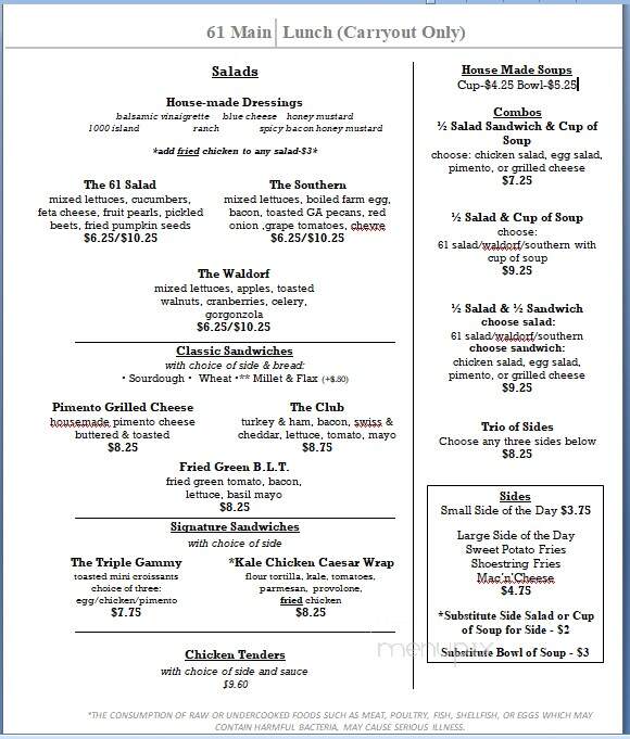 61 Main - Jasper, GA menu_pic
