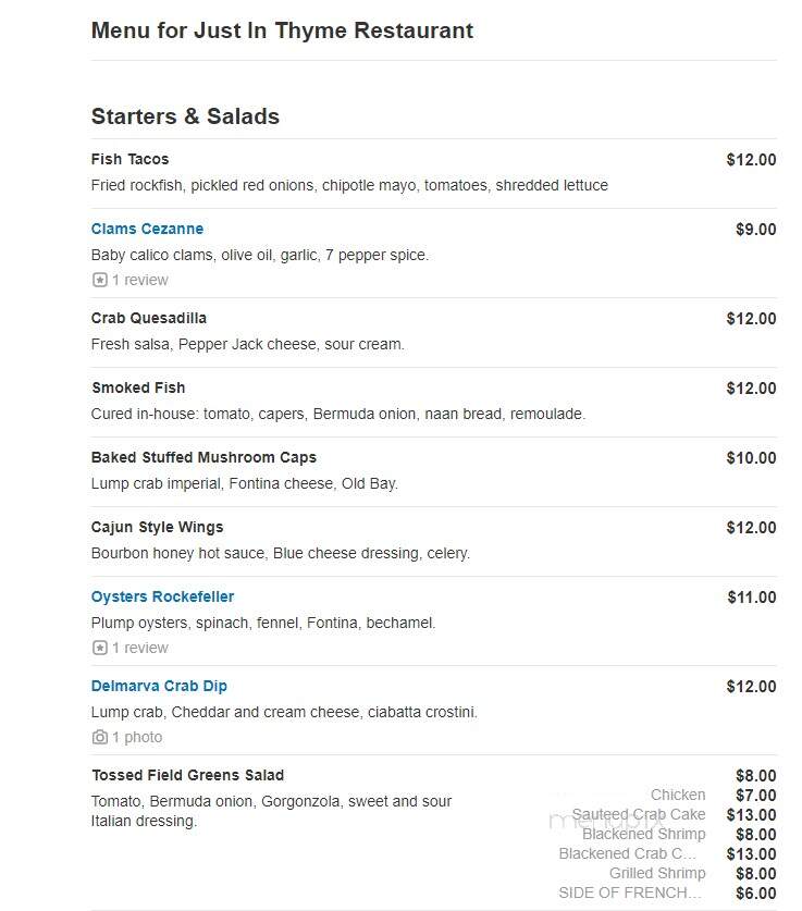 Just In Thyme Restaurant - Rehoboth Beach, DE menu_pic