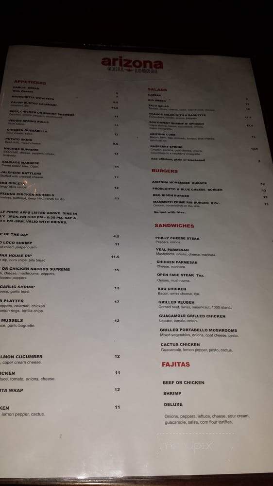 Arizona Bar and Grill - Toronto, ON menu_pic