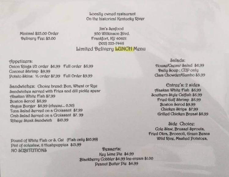 Jim's Seafood - Frankfort, KY menu_pic