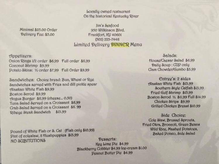 Jim's Seafood - Frankfort, KY menu_pic